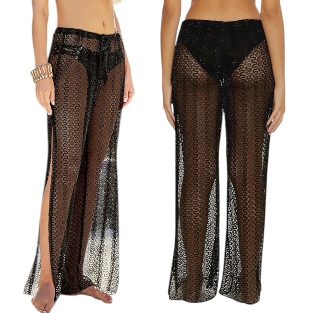 NWT BECCA Black Sheer Crochet Lace  Split Leg Beach Body Suit Cover Size Large